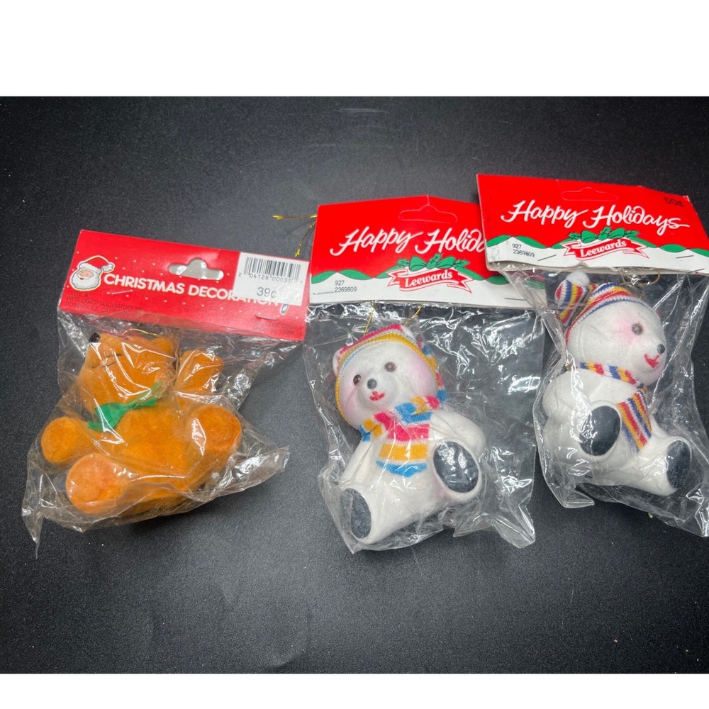 Leewards Christmas Teddy Bear Polar Bear Ornaments Set of 3 Happy Holidays